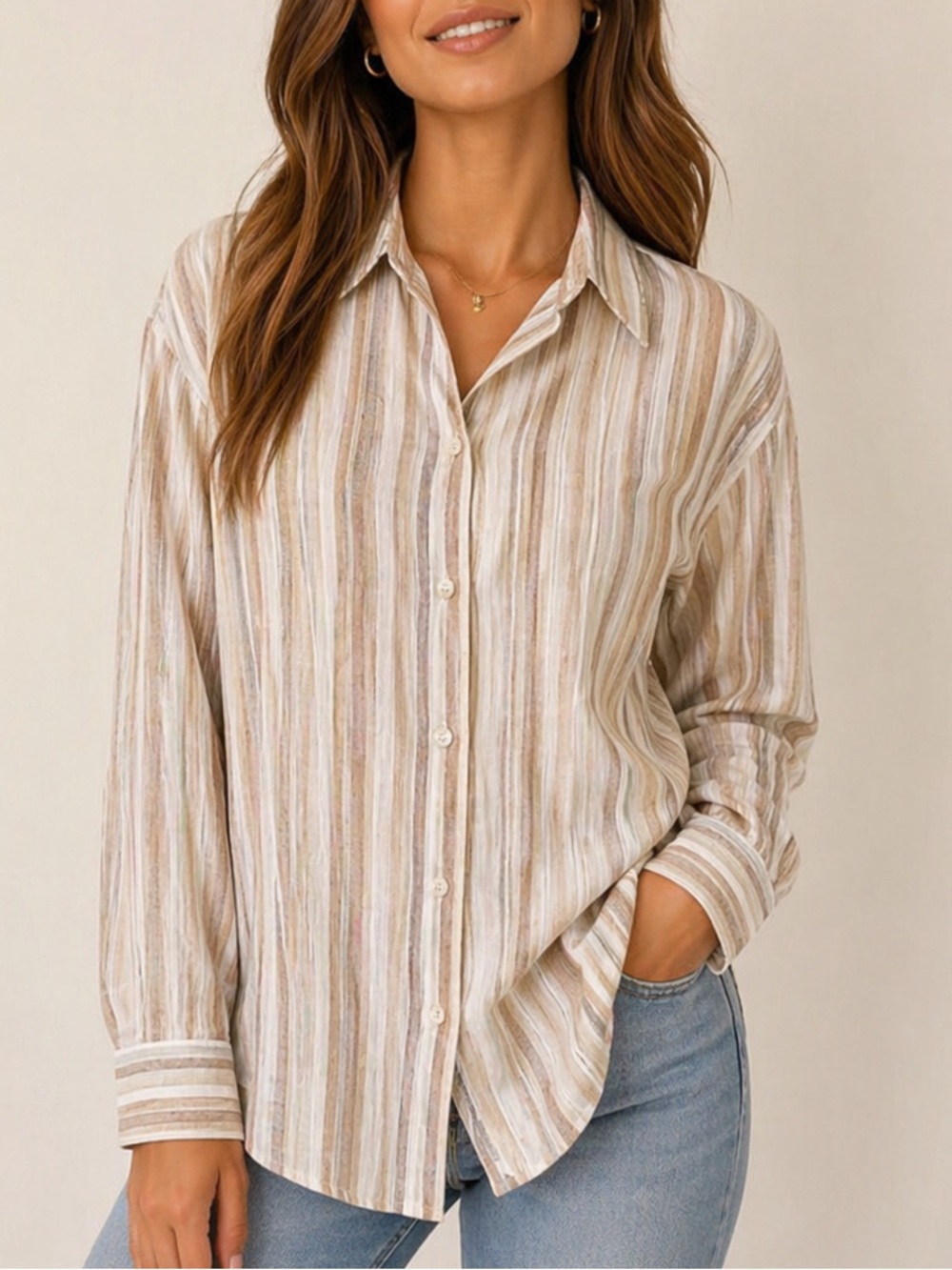 Brandini 100% Linen Striped Button-Up Shirt - Size Large